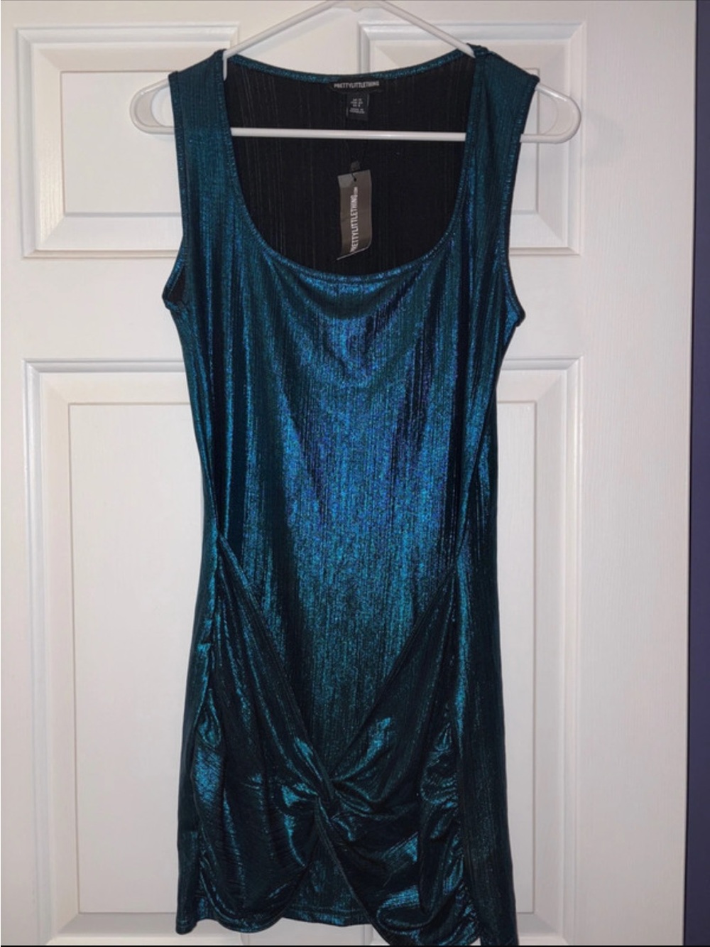 Pretty Little Thing Metallic Teal Sleeveless Knot-Front Dress